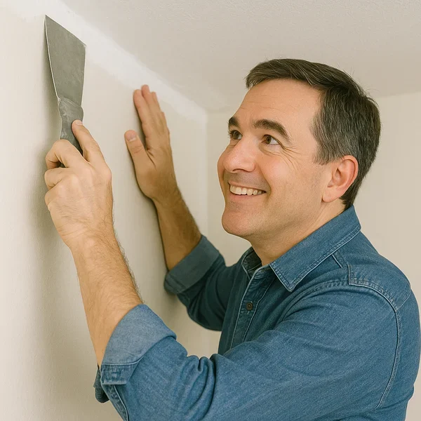 Man smiling while applying spackle to a wall with a putty knife.