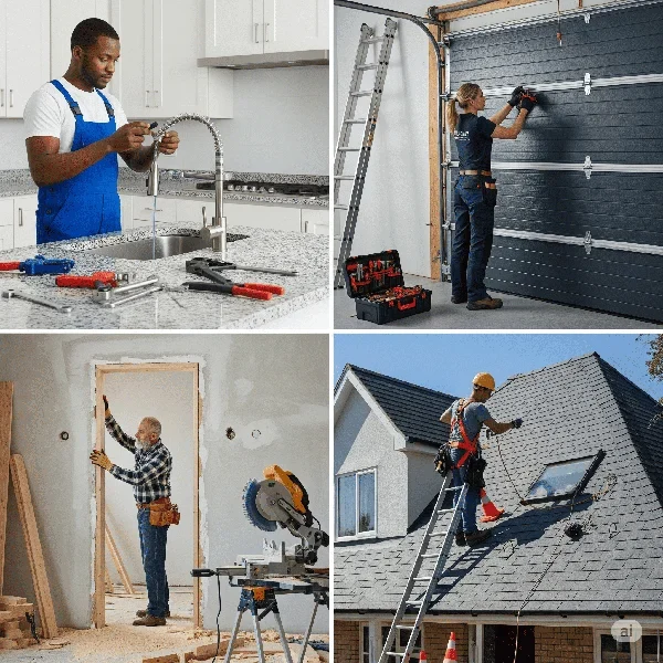 Four scenes of home improvement: plumbing, garage installation, door framing, and roofing work.