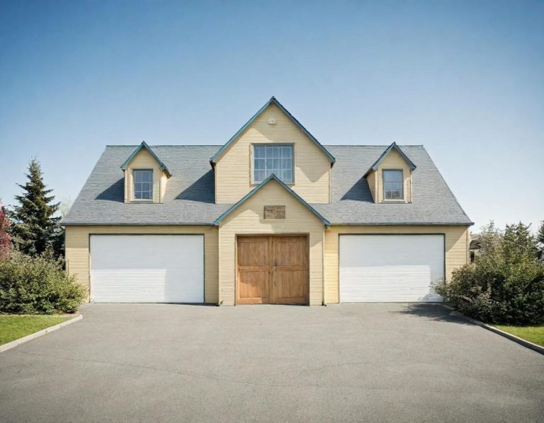 A yellow two-story house with a double garage and a clear blue sky.