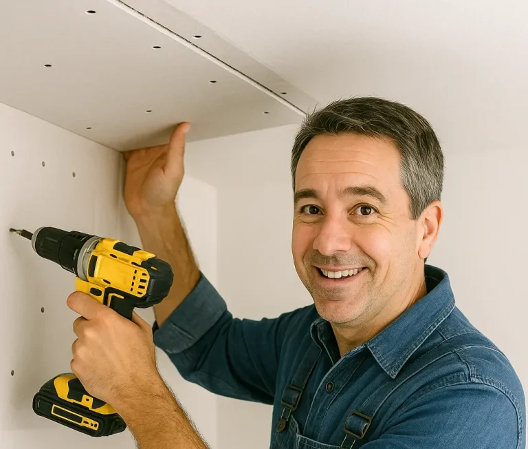 Smiling man using a power drill to install shelving in a white room.