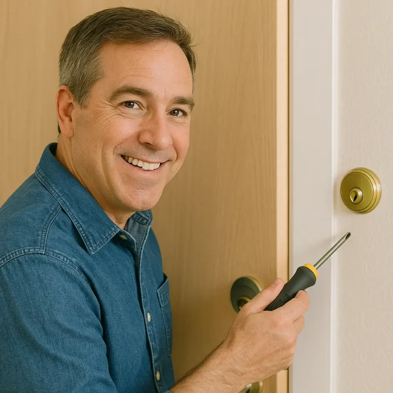 Smiling man using a screwdriver to repair a door lock.
