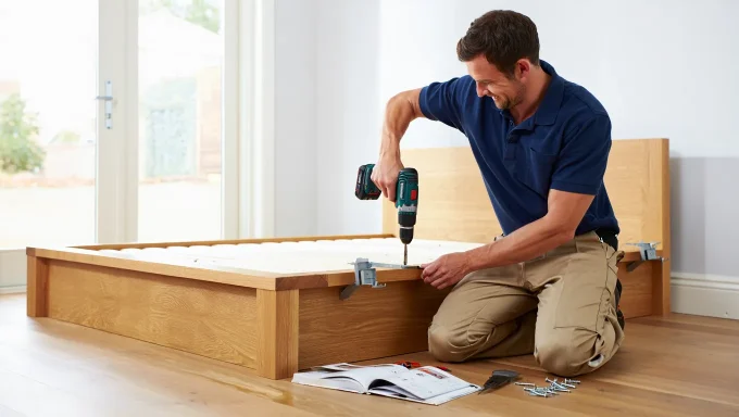 Man assembling a wooden bed frame using a cordless drill on a wooden floor.