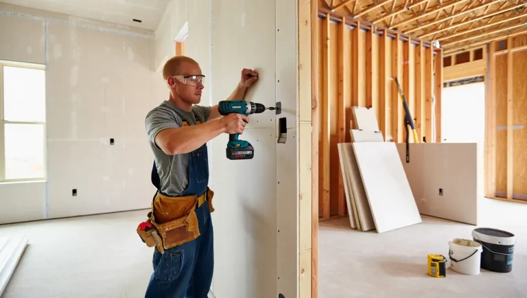A construction worker using a power drill on a drywall in an unfinished room.