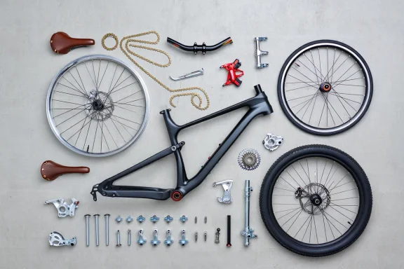 Collection of bicycle parts arranged on a flat surface, including wheels, frame, and tools.