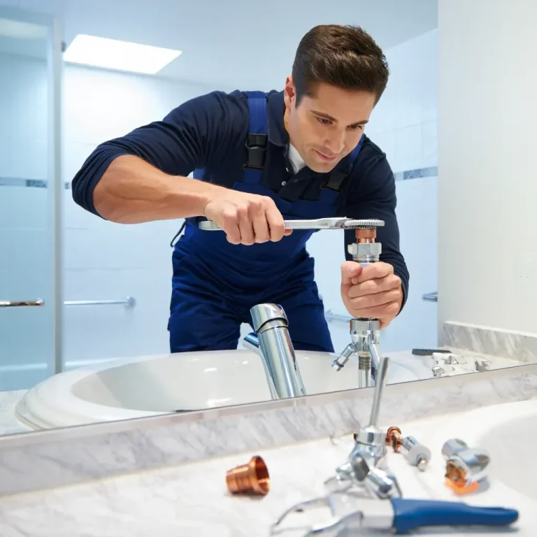 A man in blue overalls uses a wrench to repair a sink in a bathroom.