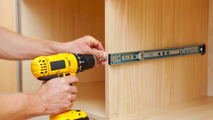 A person uses a yellow power drill to attach a bracket inside a wooden cabinet.