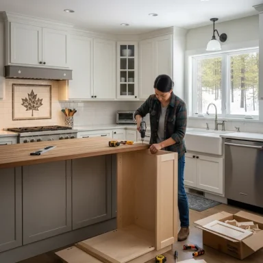 Person assembling a kitchen cabinet on a wooden countertop in a bright, modern kitchen.
