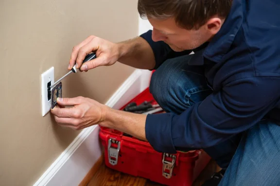 Person using a screwdriver to work on an electrical outlet while kneeling.