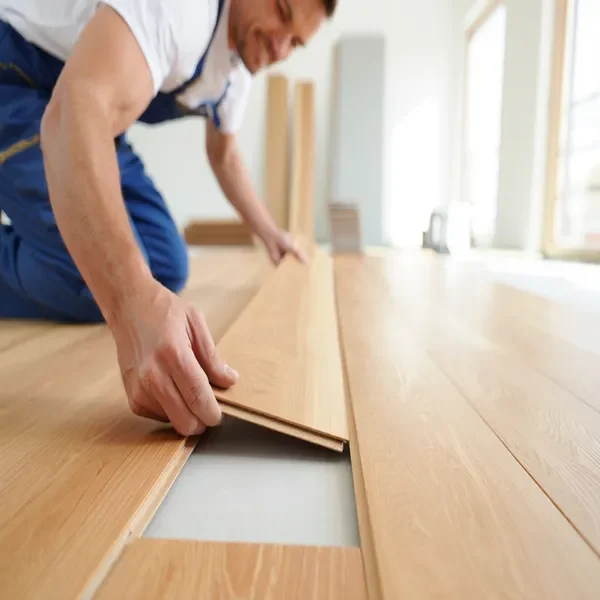 A man installs wooden flooring in a bright, spacious room.