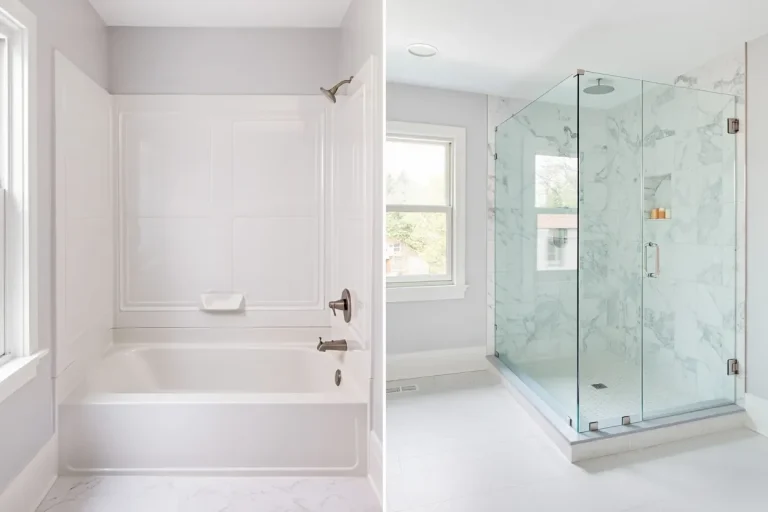 Bright bathroom featuring a tub on one side and a glass-enclosed shower on the other.