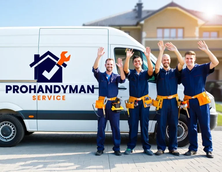 Four smiling workers in blue uniforms wave in front of a service van with a logo.