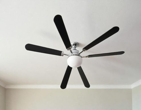 Ceiling fan with five black blades and a central light fixture.