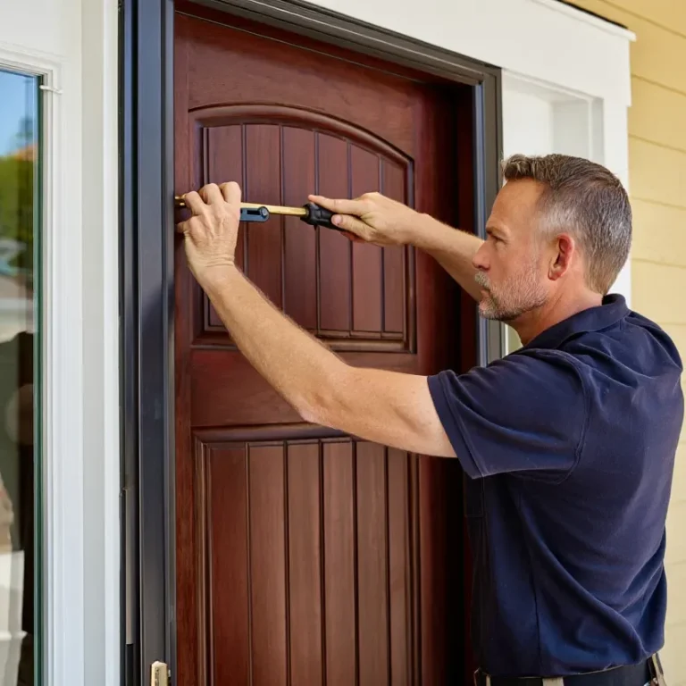 A man using a screwdriver to install a door handle on a wooden front door.