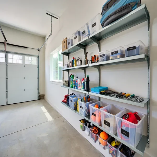 Organized garage with shelves holding tools, storage bins, and cleaning supplies.
