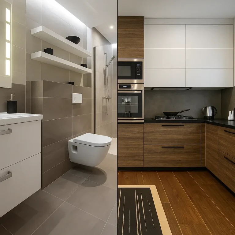 Modern bathroom with a wall-mounted toilet and elegant kitchen with dark wooden cabinets.