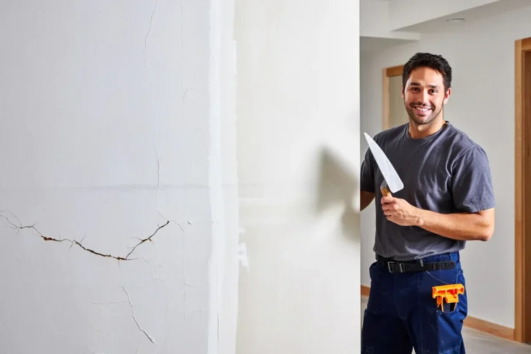 Smiling man in a work shirt holds a putty knife next to a wall with a crack.