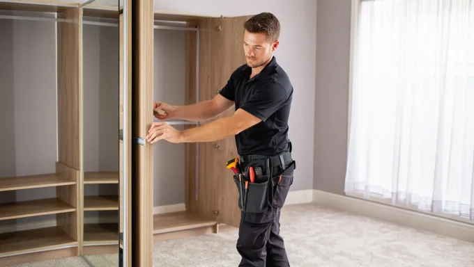 A person installing a wardrobe in a bright, empty room.