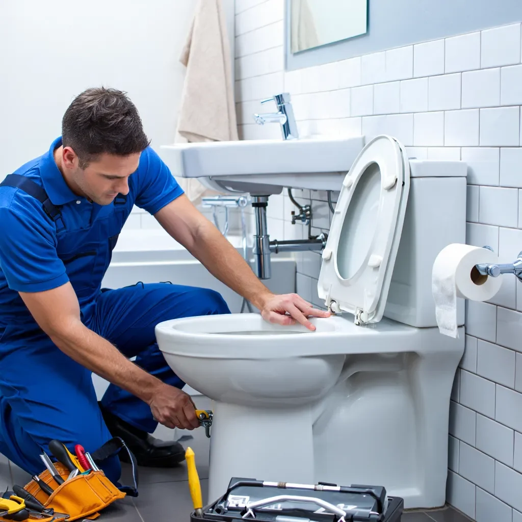 Plumber in blue overalls repairing a toilet with tools nearby.