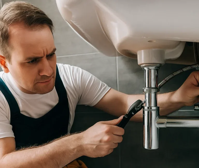 A plumber tightening a pipe under a sink.