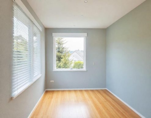 Empty room with light gray walls, wood flooring, and a large window showing greenery outside.