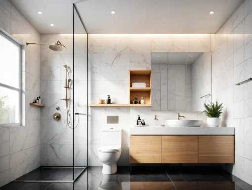Modern bathroom featuring marble walls, wooden accents, a shower, and natural light.