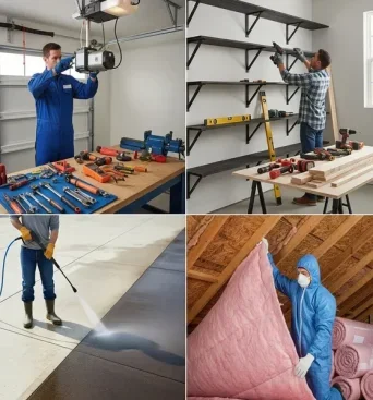 Various home improvement activities, including tool organization, shelving installation, and insulation work.