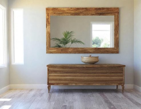 Modern interior with a wooden dresser, large mirror, and a decorative bowl on top.
