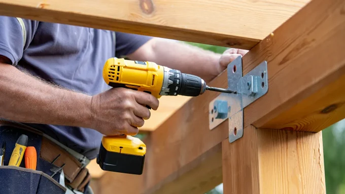 Person using a cordless drill to secure a metal bracket to wooden beams.