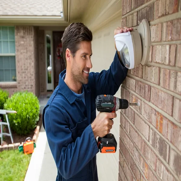 Man using a power drill to install a light fixture on a brick wall.